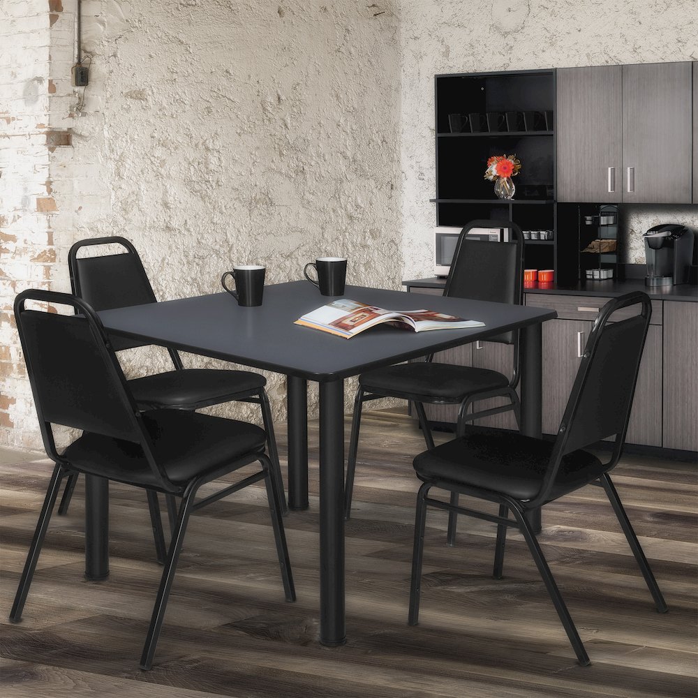 48 in Square Breakroom Table- Grey Top, Black Legs, 4 Restaurant Stack Chairs. Picture 7