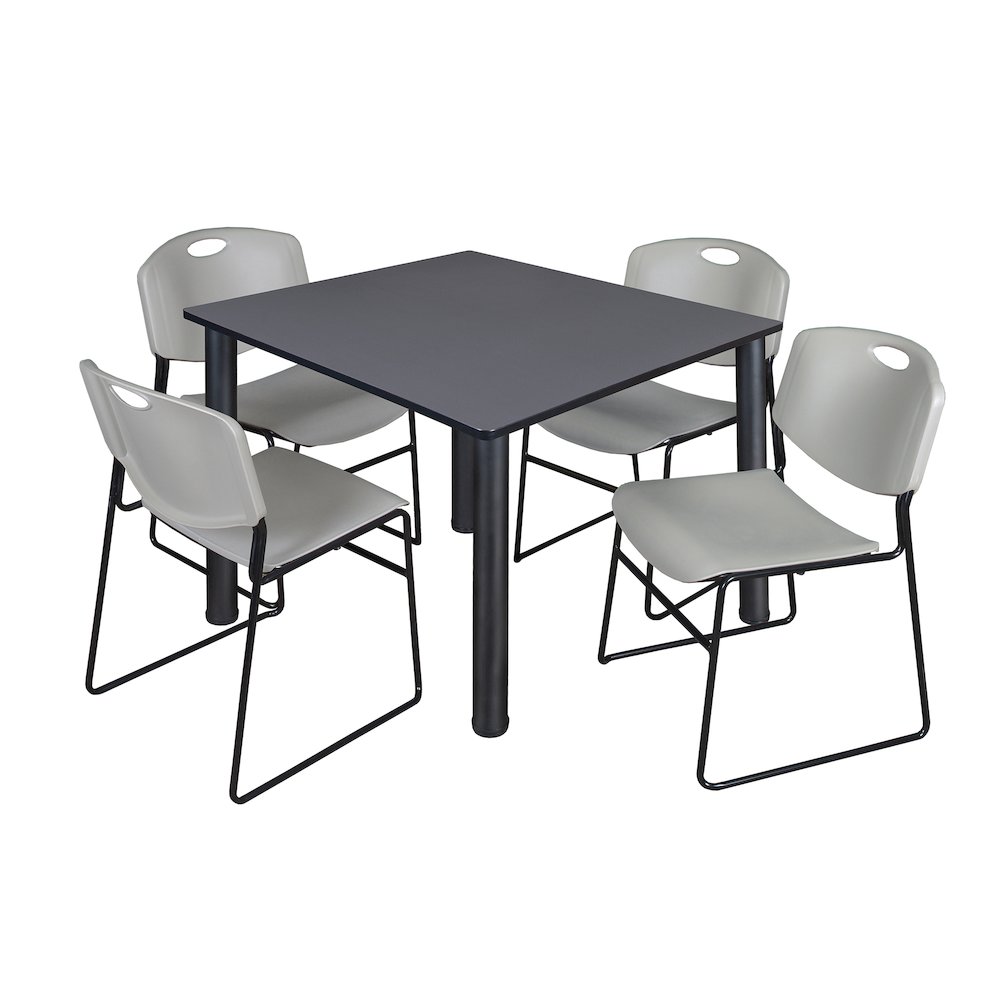 48 in Square Breakroom Table- Grey Top, Black Legs, 4 Zeng Stack Chairs- Grey. Picture 1