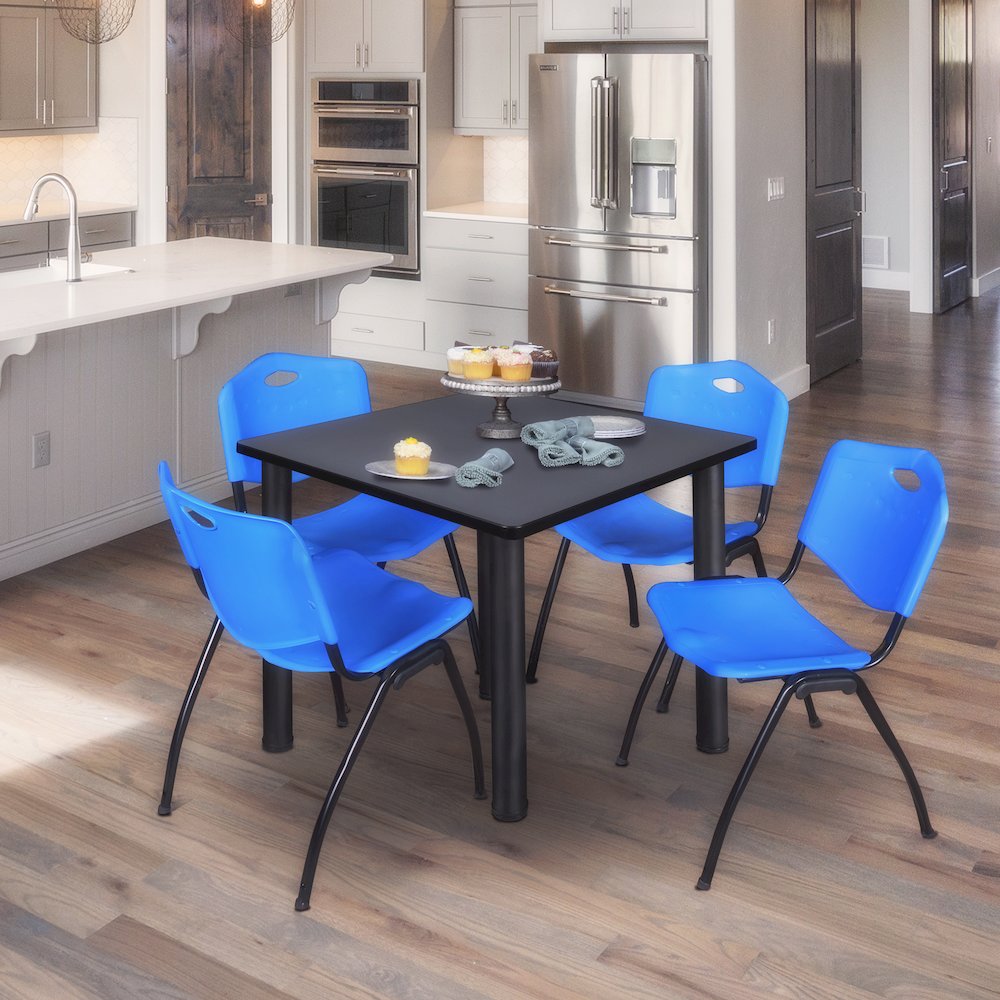 48 in Square Breakroom Table- Grey Top, Black Legs, 4 M Stack Chairs- Blue. Picture 7