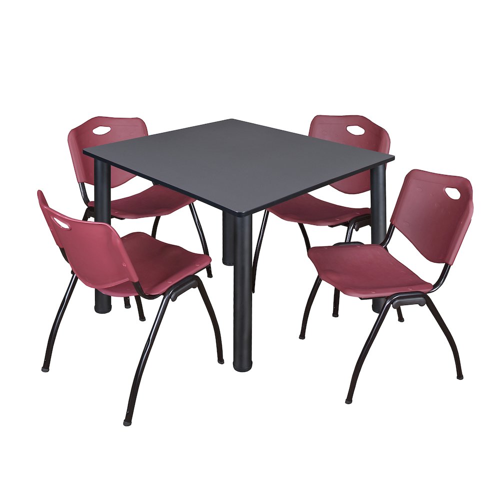 48 in Square Breakroom Table- Grey Top, Black Legs, 4 M Stack Chairs- Burgundy. Picture 1