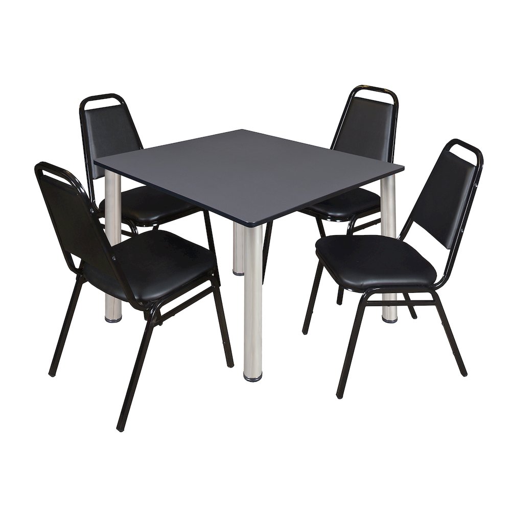 48 in Square Breakroom Table- Grey Top, Chrome Legs, 4 Restaurant Stack Chairs. Picture 1