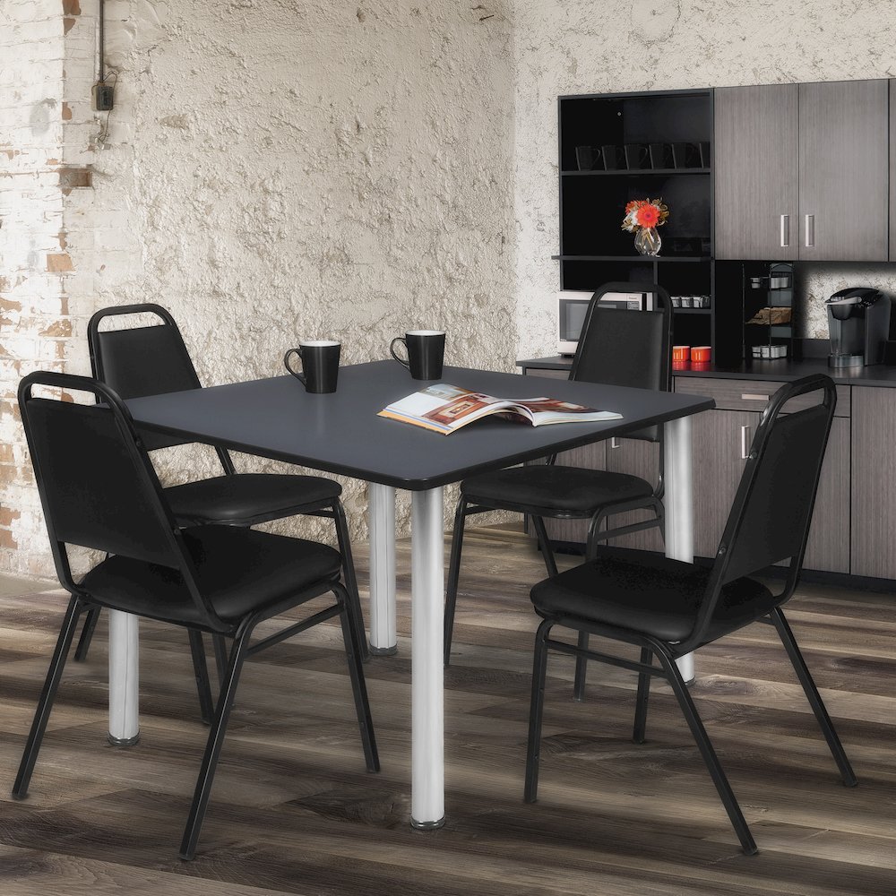 48 in Square Breakroom Table- Grey Top, Chrome Legs, 4 Restaurant Stack Chairs. Picture 7