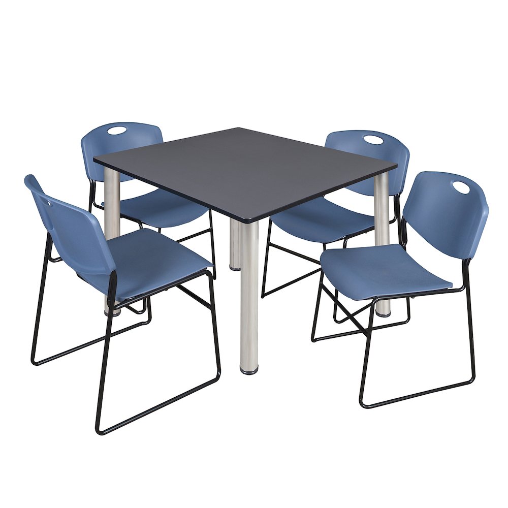 48 in Square Breakroom Table- Grey Top, Chrome Legs, 4 Zeng Stack Chairs- Blue. Picture 1