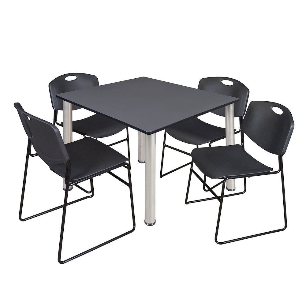 48 in Square Breakroom Table- Grey Top, Chrome Legs, 4 Zeng Stack Chairs- Black. Picture 1
