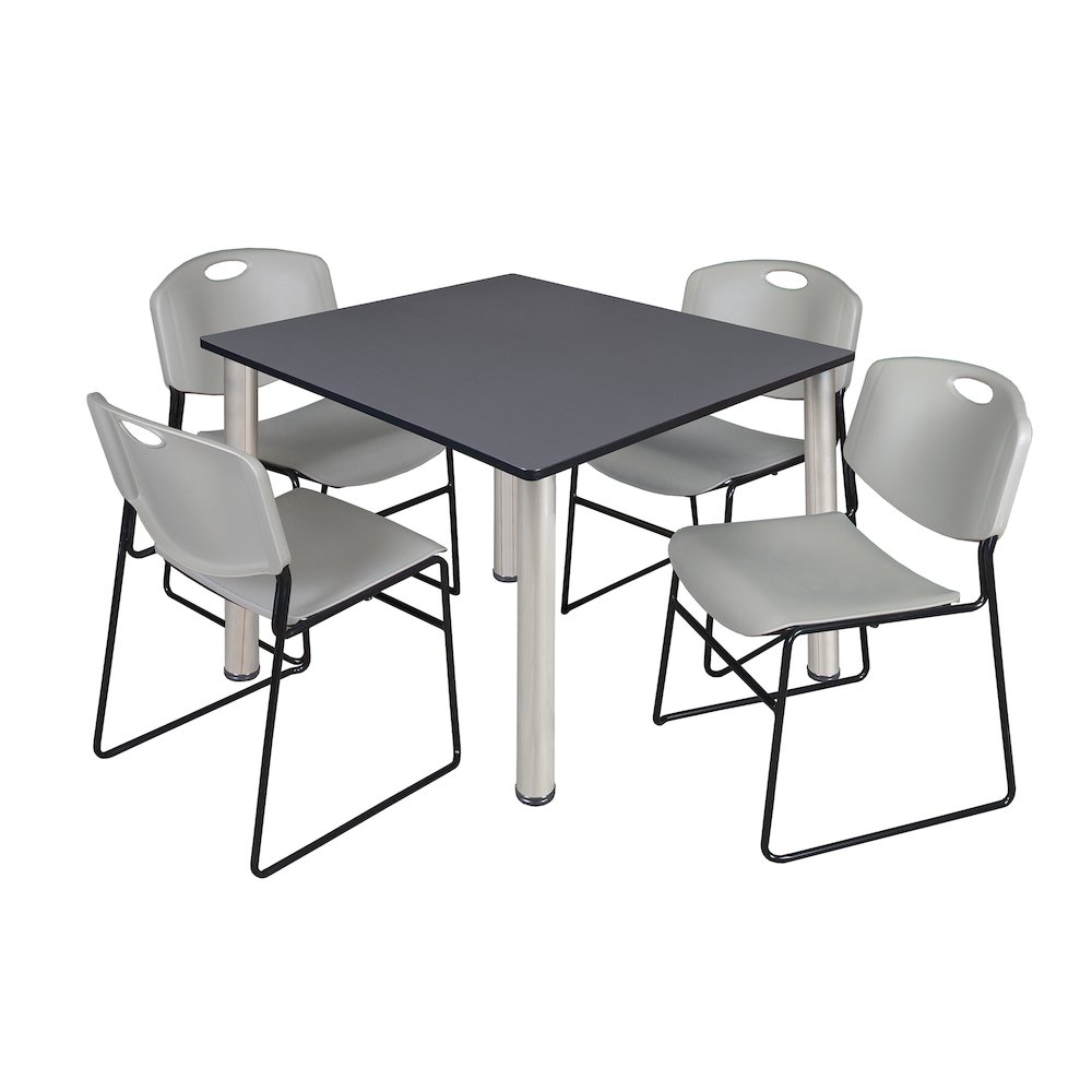 48 in Square Breakroom Table- Grey Top, Chrome Legs, 4 Zeng Stack Chairs- Grey. Picture 1
