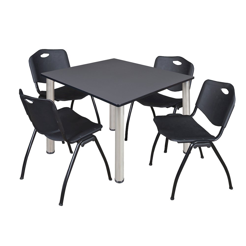 48 in Square Breakroom Table- Grey Top, Chrome Legs, 4 M Stack Chairs- Black. Picture 1