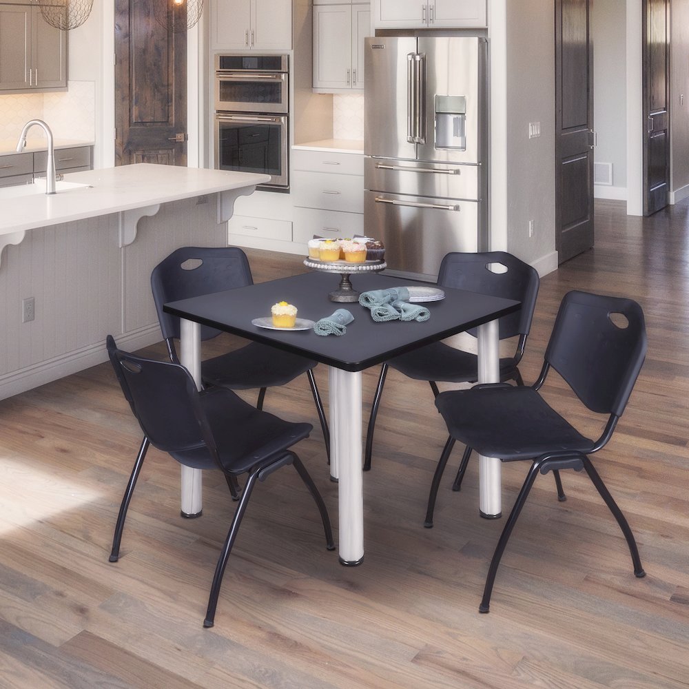 48 in Square Breakroom Table- Grey Top, Chrome Legs, 4 M Stack Chairs- Black. Picture 7