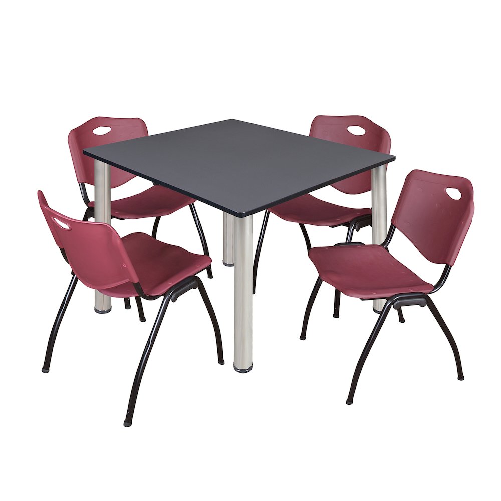 48 in Square Breakroom Table- Grey Top, Chrome Legs, 4 M Stack Chairs- Burgundy. Picture 1