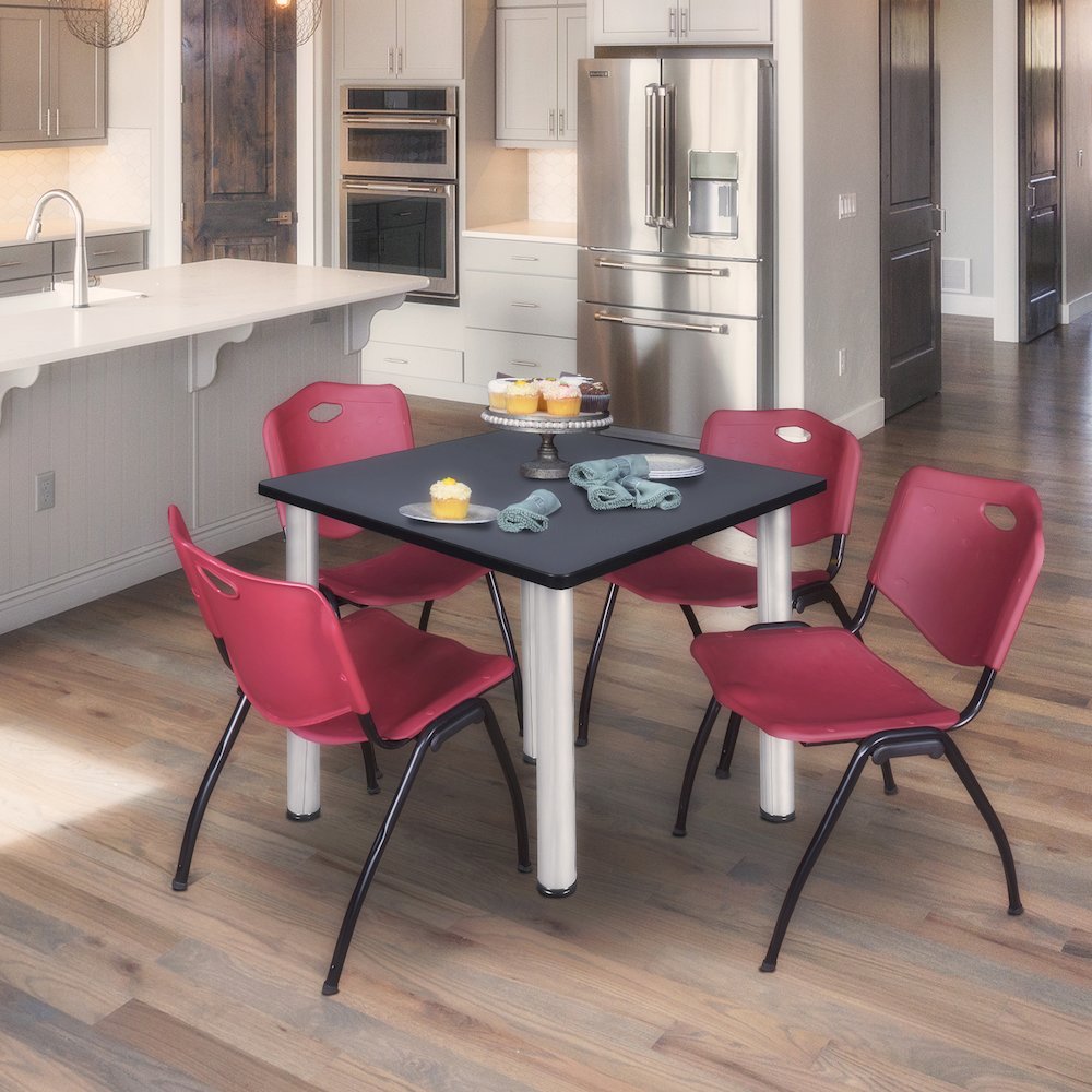 48 in Square Breakroom Table- Grey Top, Chrome Legs, 4 M Stack Chairs- Burgundy. Picture 7