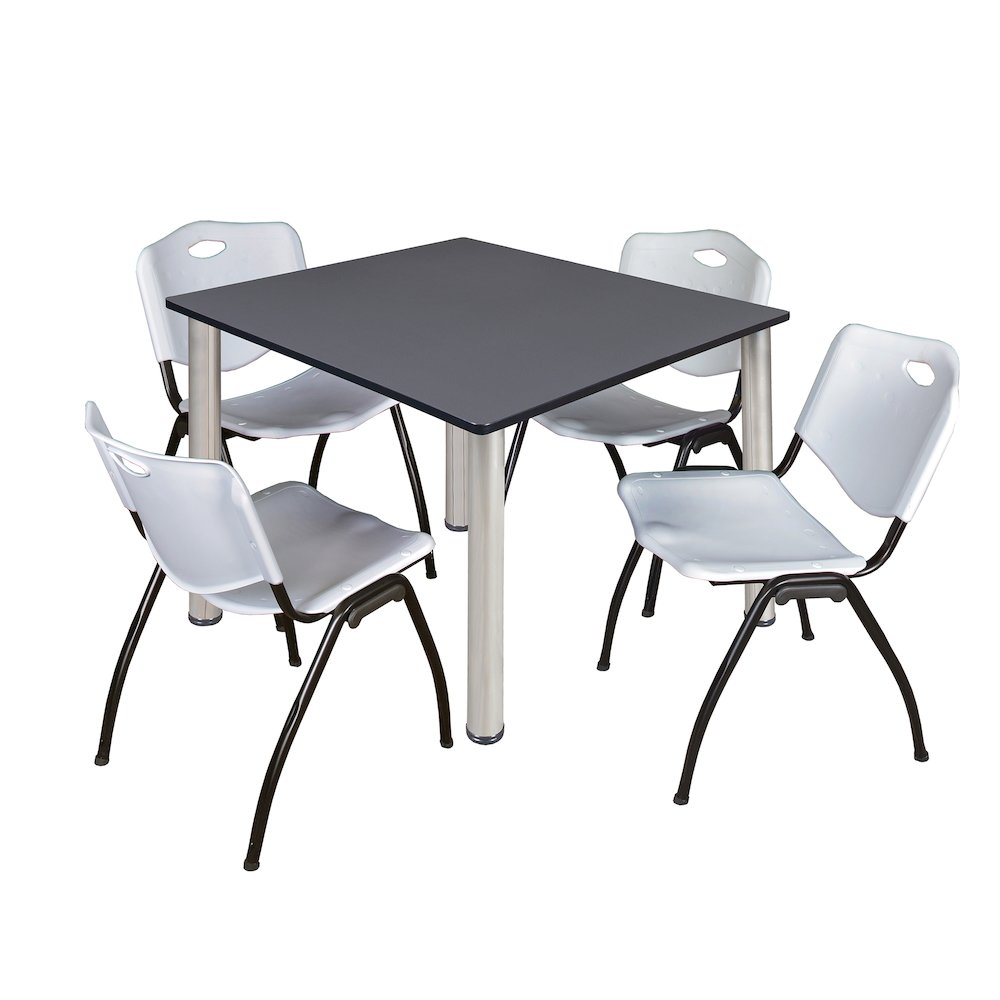 48 in Square Breakroom Table- Grey Top, Chrome Legs, 4 M Stack Chairs- Grey. Picture 1