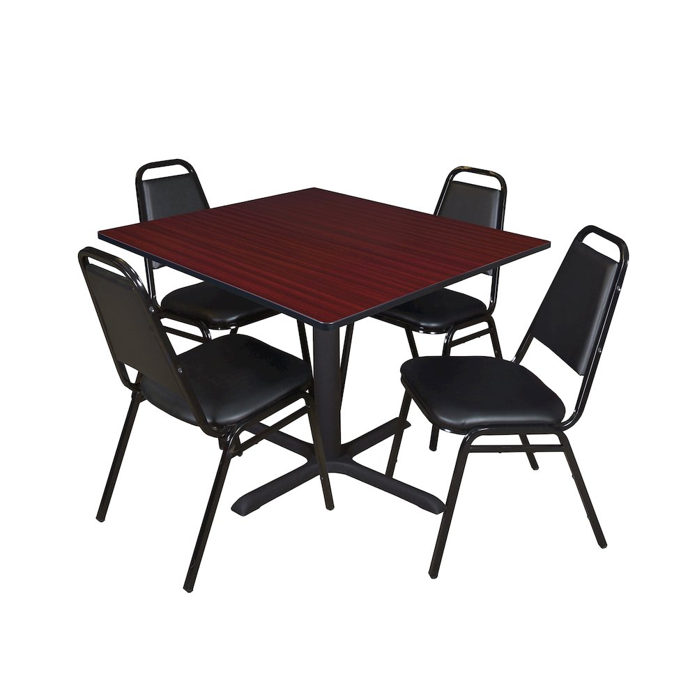 48 Square X-Base Breakroom Table- Mahogany & 4 Restaurant Stack Chairs- Black. Picture 1