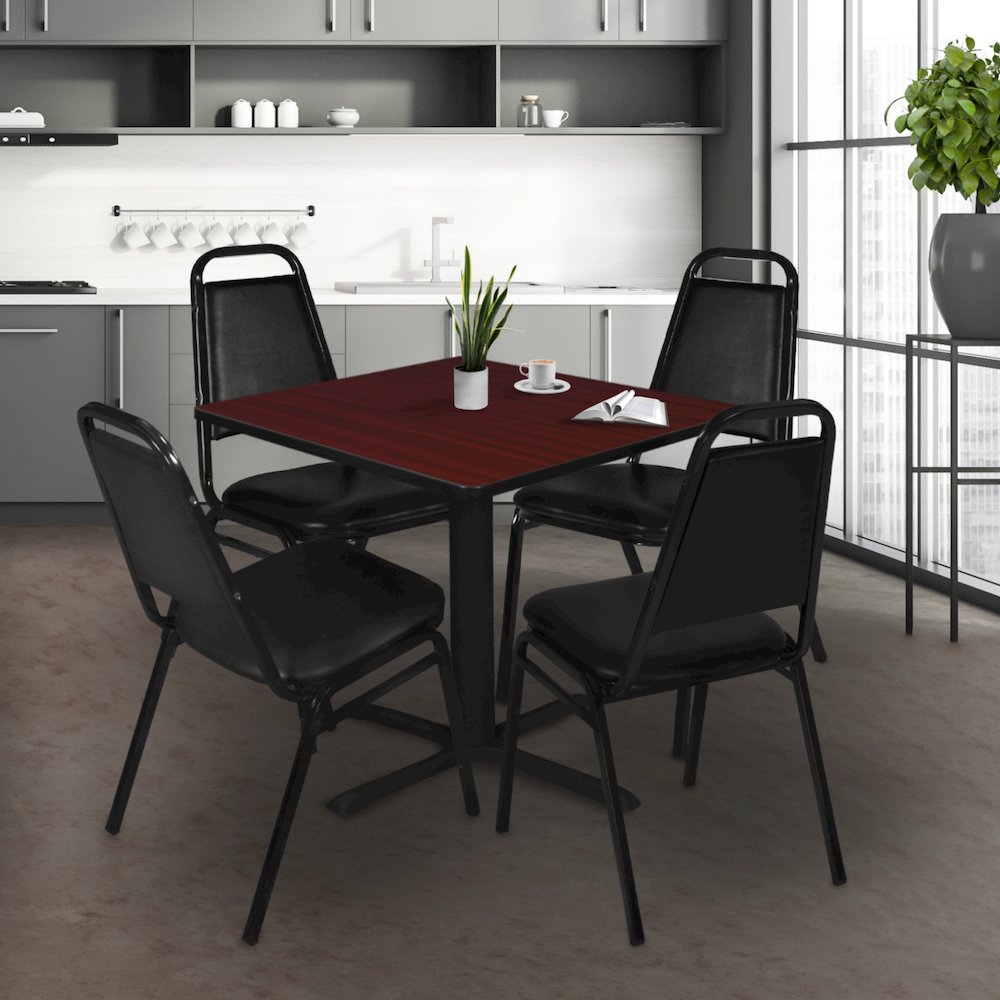 48 Square X-Base Breakroom Table- Mahogany & 4 Restaurant Stack Chairs- Black. Picture 9