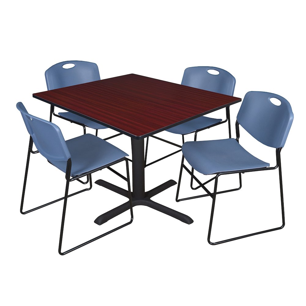 48 in. Square X-Base Breakroom Table- Mahogany & 4 Zeng Stack Chairs- Blue. Picture 1