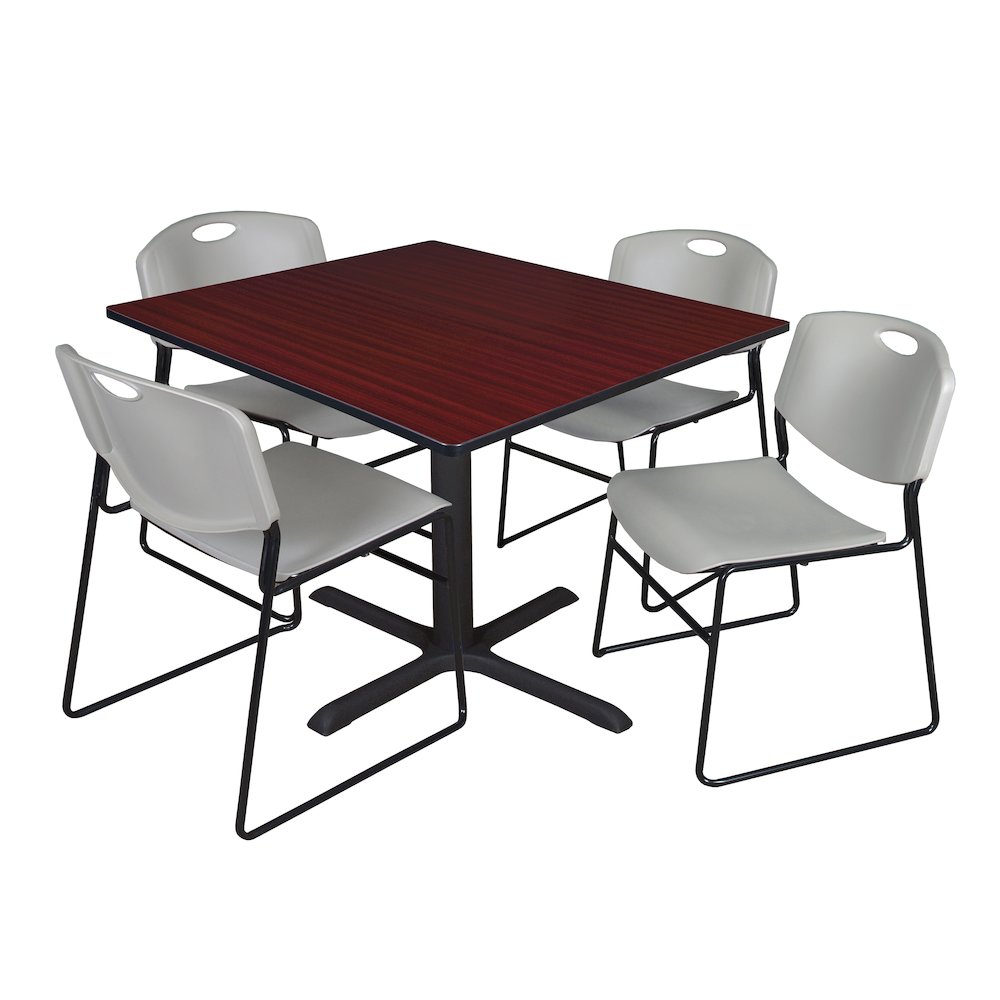 48 in. Square X-Base Breakroom Table- Mahogany & 4 Zeng Stack Chairs- Grey. Picture 1