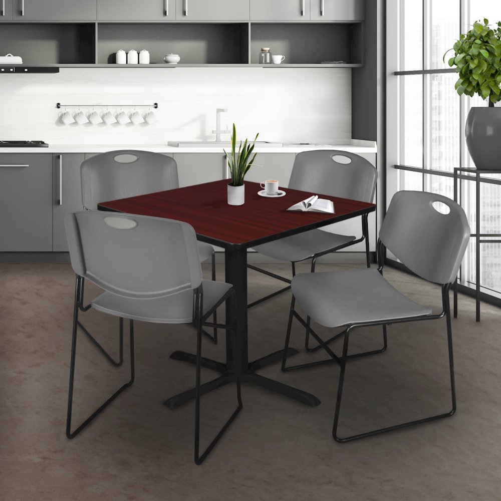 48 in. Square X-Base Breakroom Table- Mahogany & 4 Zeng Stack Chairs- Grey. Picture 9