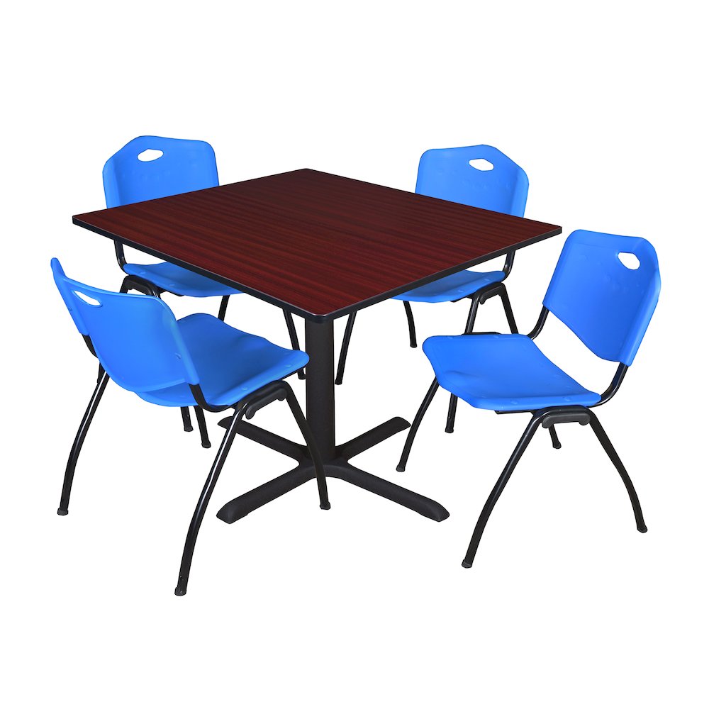 48 in. Square X-Base Breakroom Table- Mahogany & 4 M Stack Chairs- Blue. Picture 1