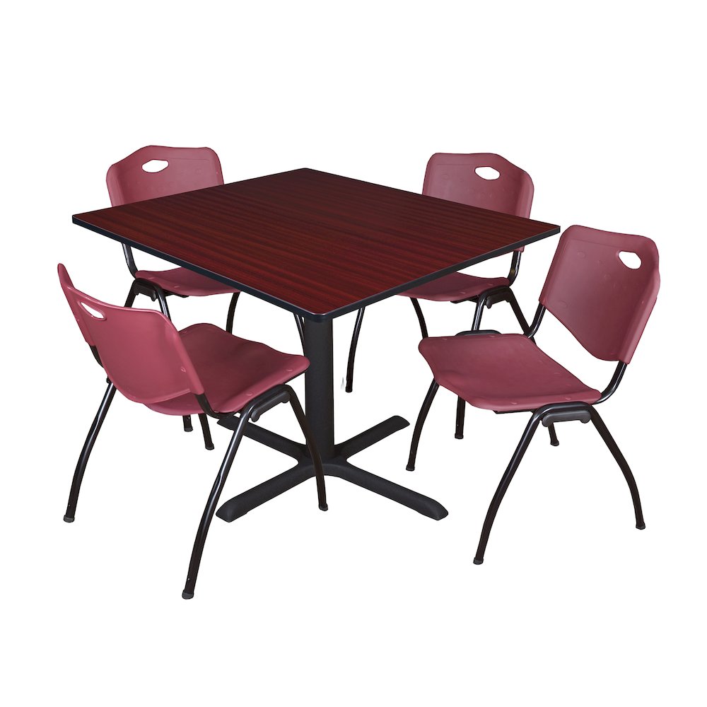 48 in. Square X-Base Breakroom Table- Mahogany & 4 M Stack Chairs- Burgundy. Picture 1