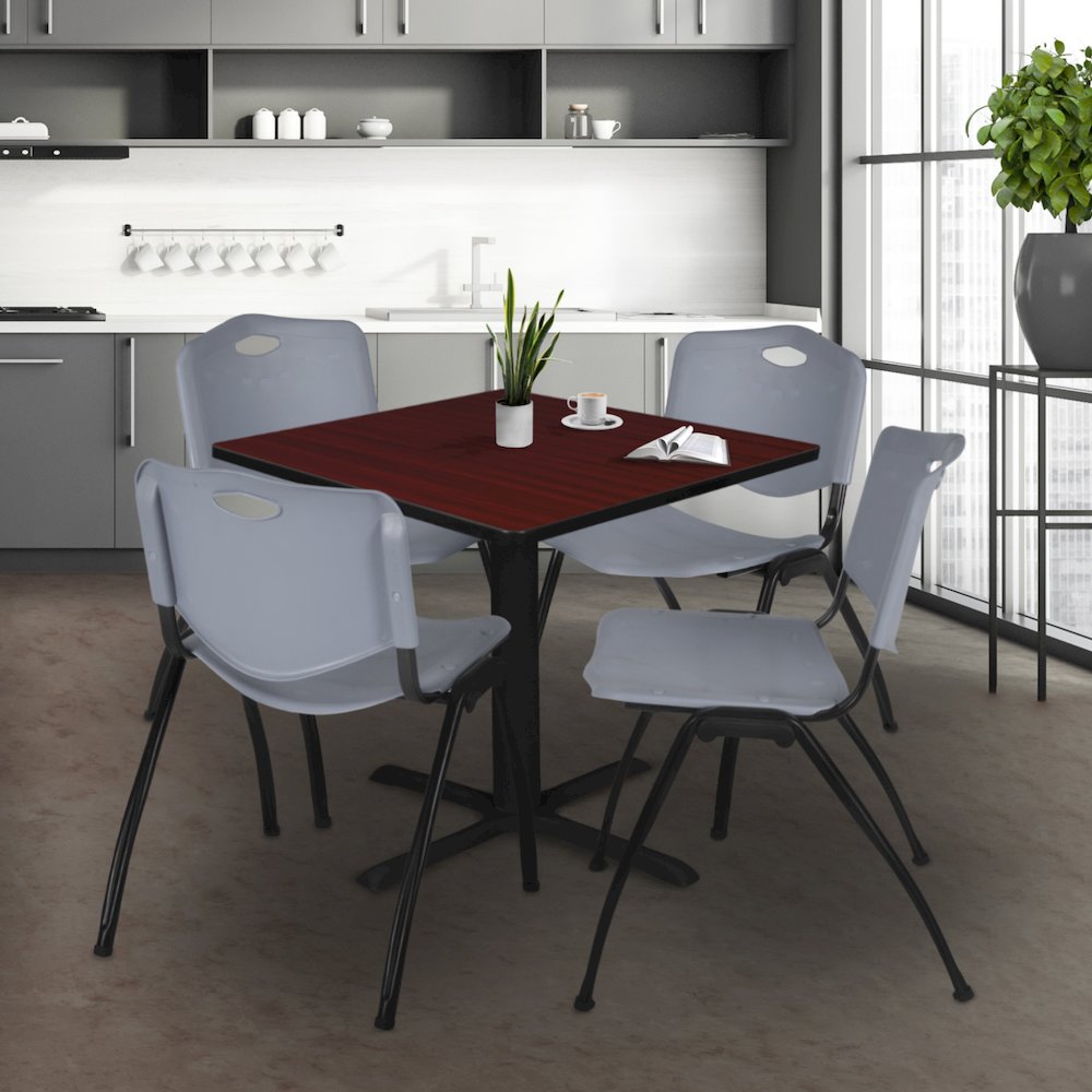 48 in. Square X-Base Breakroom Table- Mahogany & 4 M Stack Chairs- Grey. Picture 9