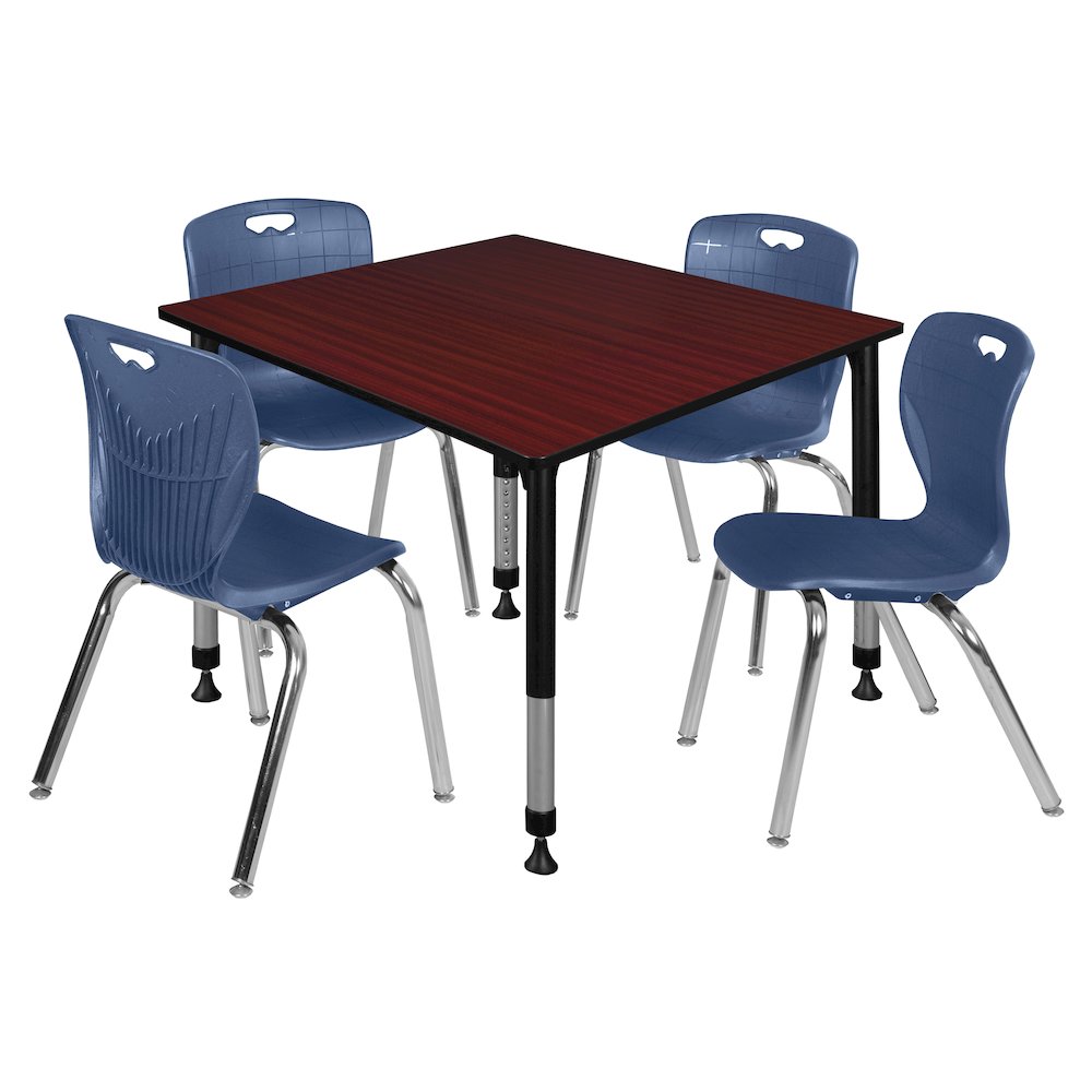 48 Square Adjustable Classroom Table- Mahogany & 4 Andy 18 Stack Chairs- Blue. Picture 1