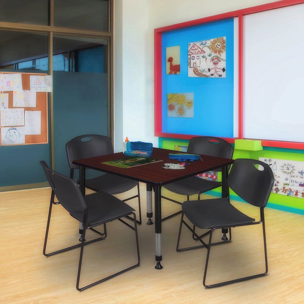 48 in. Square Adjustable Classroom Table- Mahogany & 4 Zeng Stack Chairs- Black. Picture 7