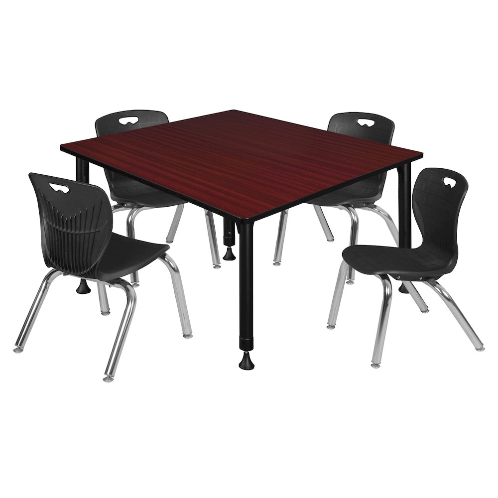 48 Square Adjustable Classroom Table- Mahogany & 4 Andy 12 Stack Chairs- Black. Picture 1