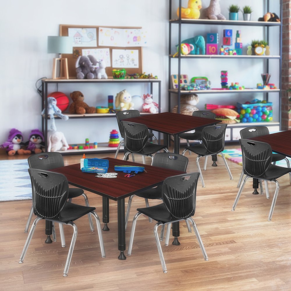 48 Square Adjustable Classroom Table- Mahogany & 4 Andy 12 Stack Chairs- Black. Picture 7