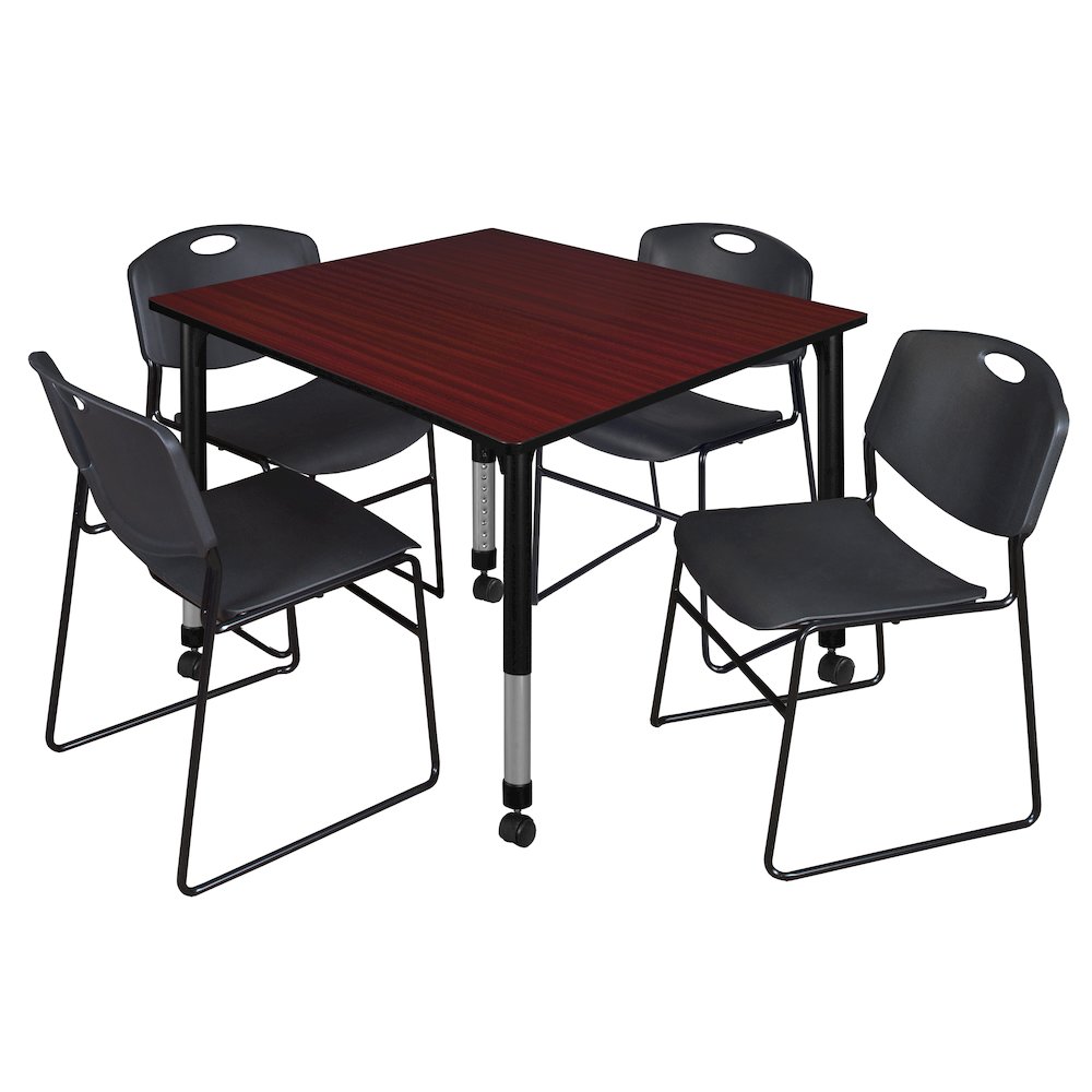 48 Square Mobile Classroom Table- Mahogany & 4 Zeng Stack Chairs- Black. Picture 1