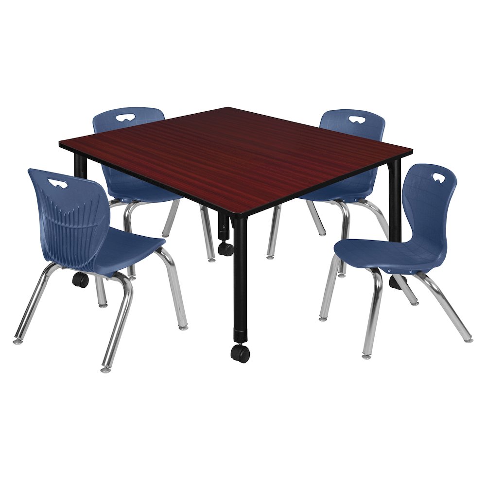 48 Square Mobile Classroom Table- Mahogany & 4 Andy 12 Stack Chairs- Blue. Picture 1