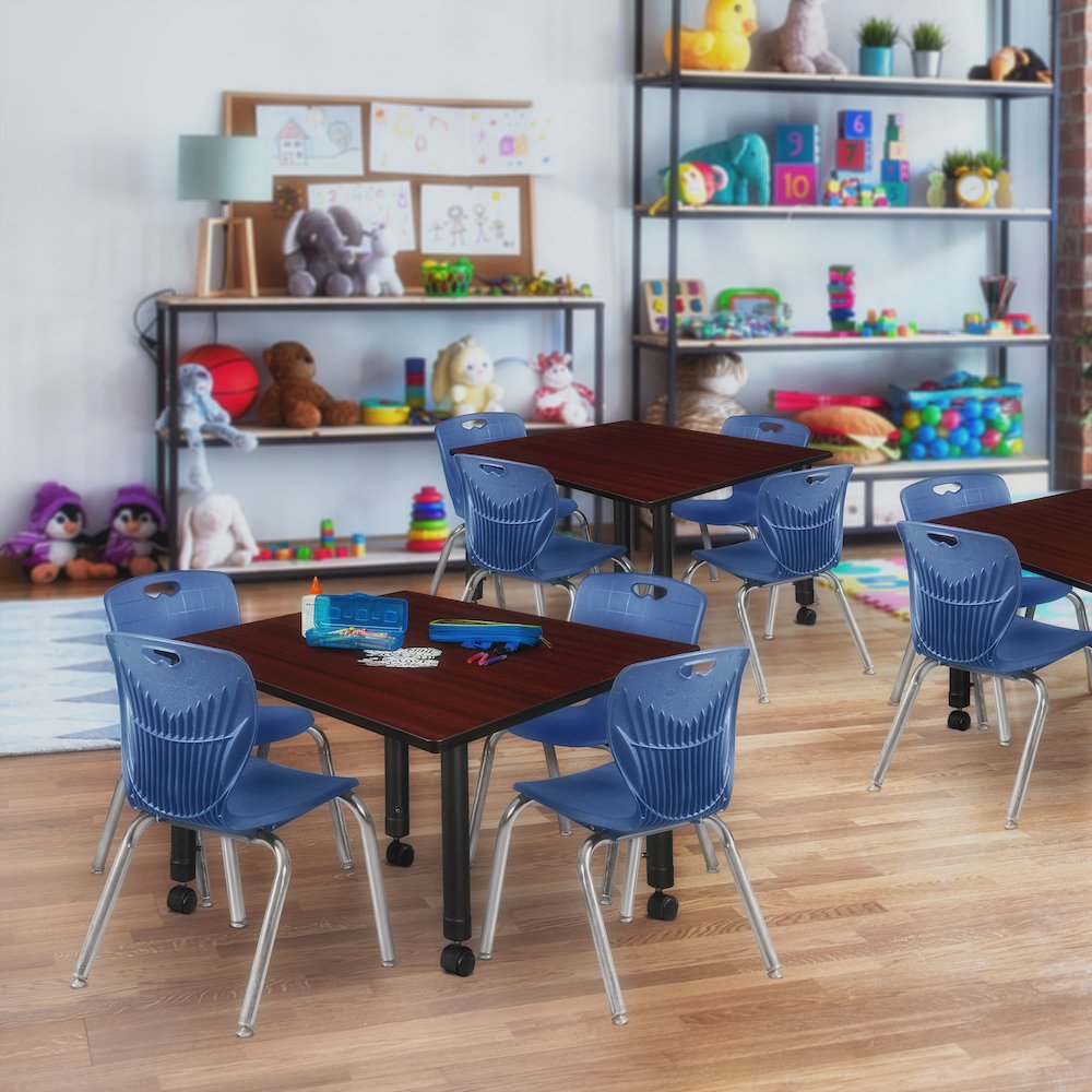 48 Square Mobile Classroom Table- Mahogany & 4 Andy 12 Stack Chairs- Blue. Picture 7