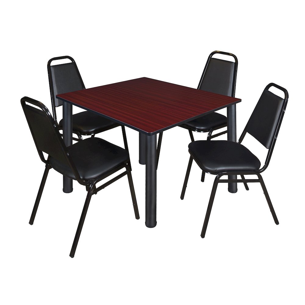 48 Square Breakroom Table- Mahogany Top, Black Legs, 4 Restaurant Stack Chairs. Picture 1