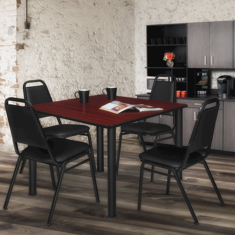 48 Square Breakroom Table- Mahogany Top, Black Legs, 4 Restaurant Stack Chairs. Picture 7