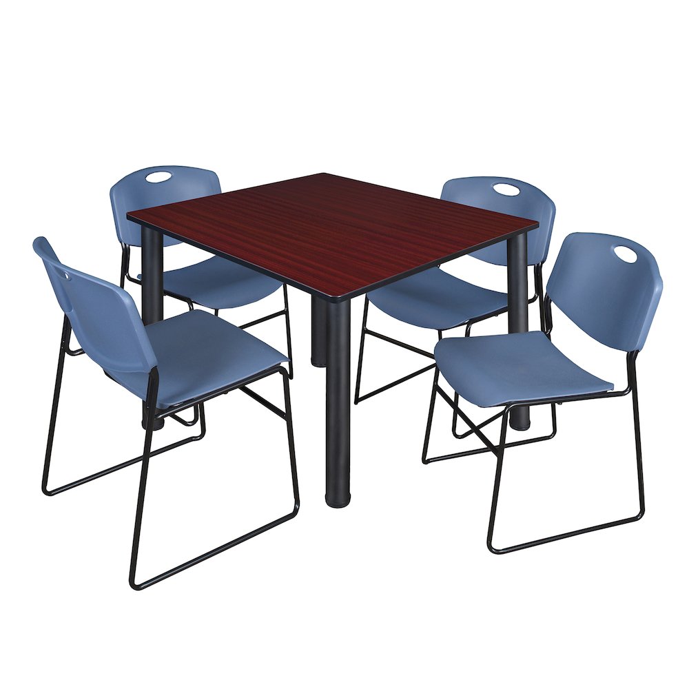 48 Square Breakroom Table- Mahogany Top, Black Legs, 4 Zeng Stack Chairs- Blue. Picture 1