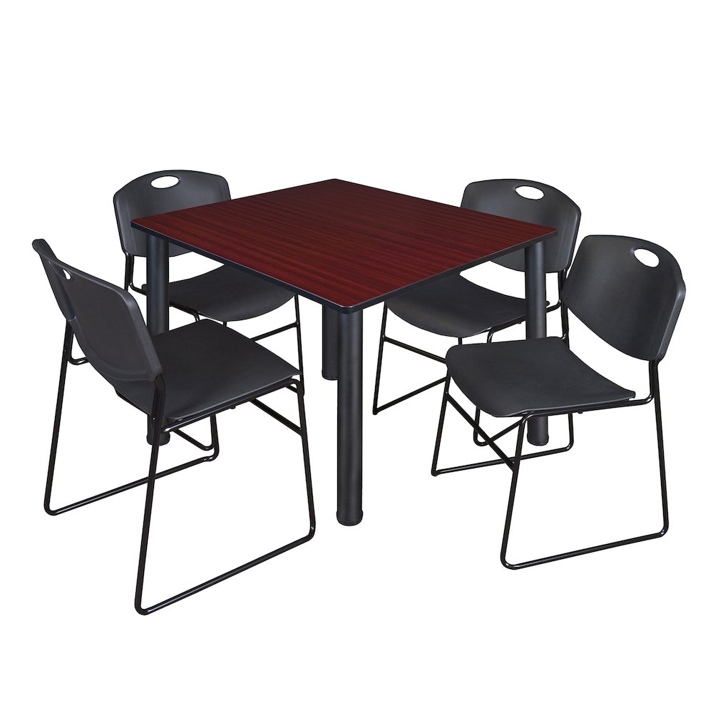 48 Square Breakroom Table- Mahogany Top, Black Legs, 4 Zeng Stack Chairs- Black. Picture 1