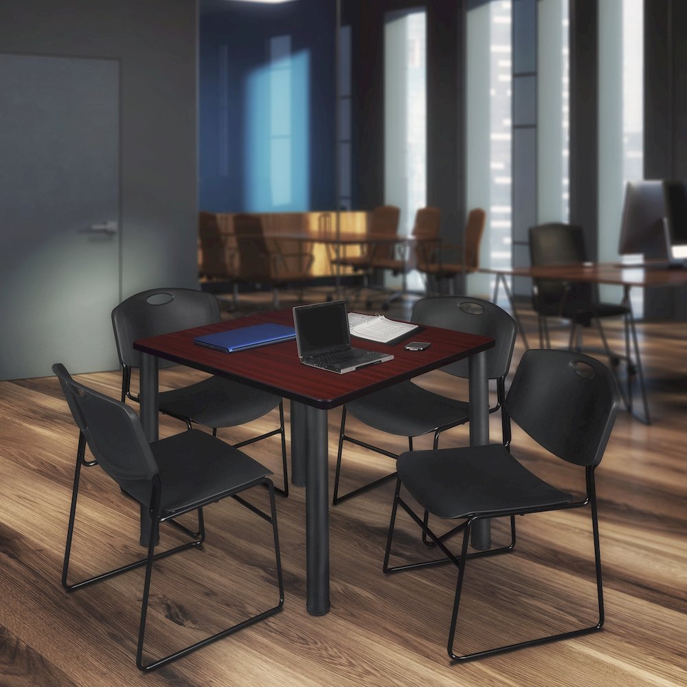 48 Square Breakroom Table- Mahogany Top, Black Legs, 4 Zeng Stack Chairs- Black. Picture 7