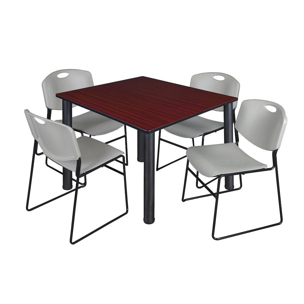48 Square Breakroom Table- Mahogany Top, Black Legs, 4 Zeng Stack Chairs- Grey. Picture 1