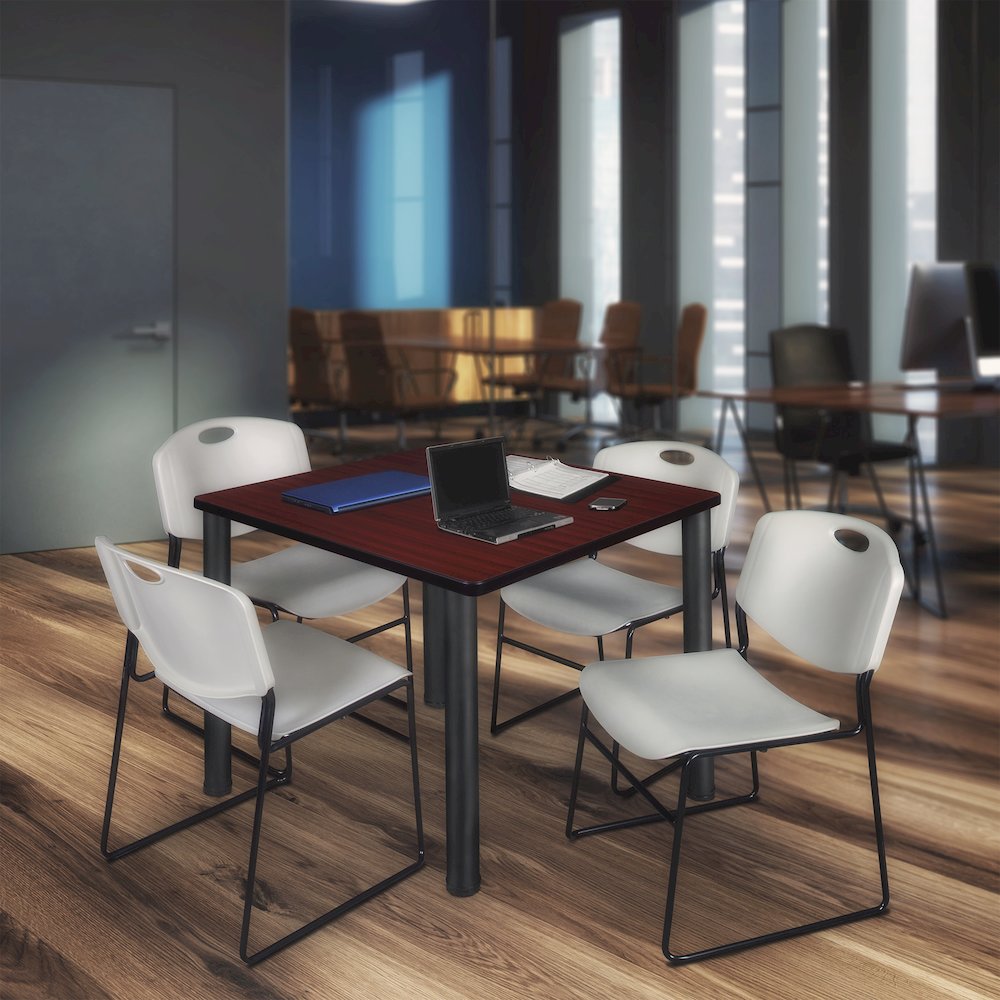 48 Square Breakroom Table- Mahogany Top, Black Legs, 4 Zeng Stack Chairs- Grey. Picture 7