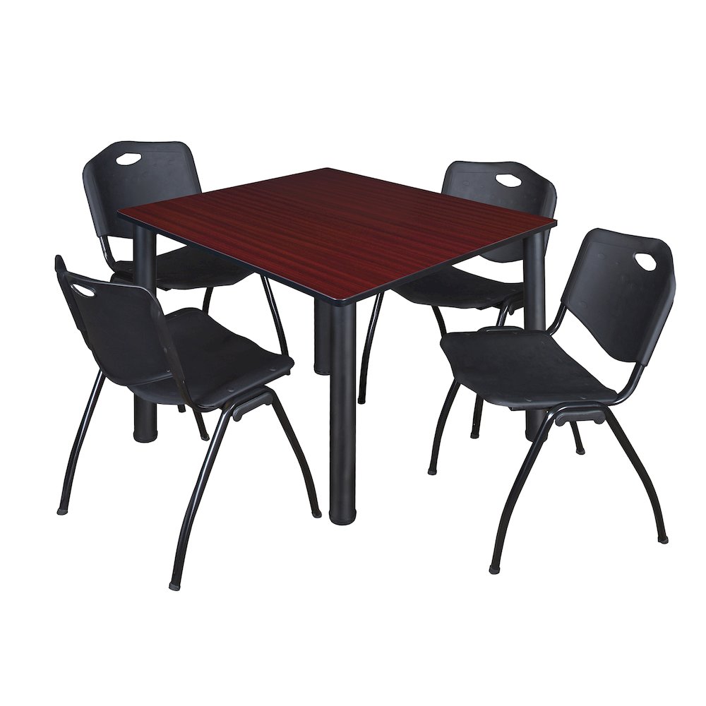 48 in Square Breakroom Table- Mahogany Top, Black Legs, 4 M Stack Chairs- Black. Picture 1