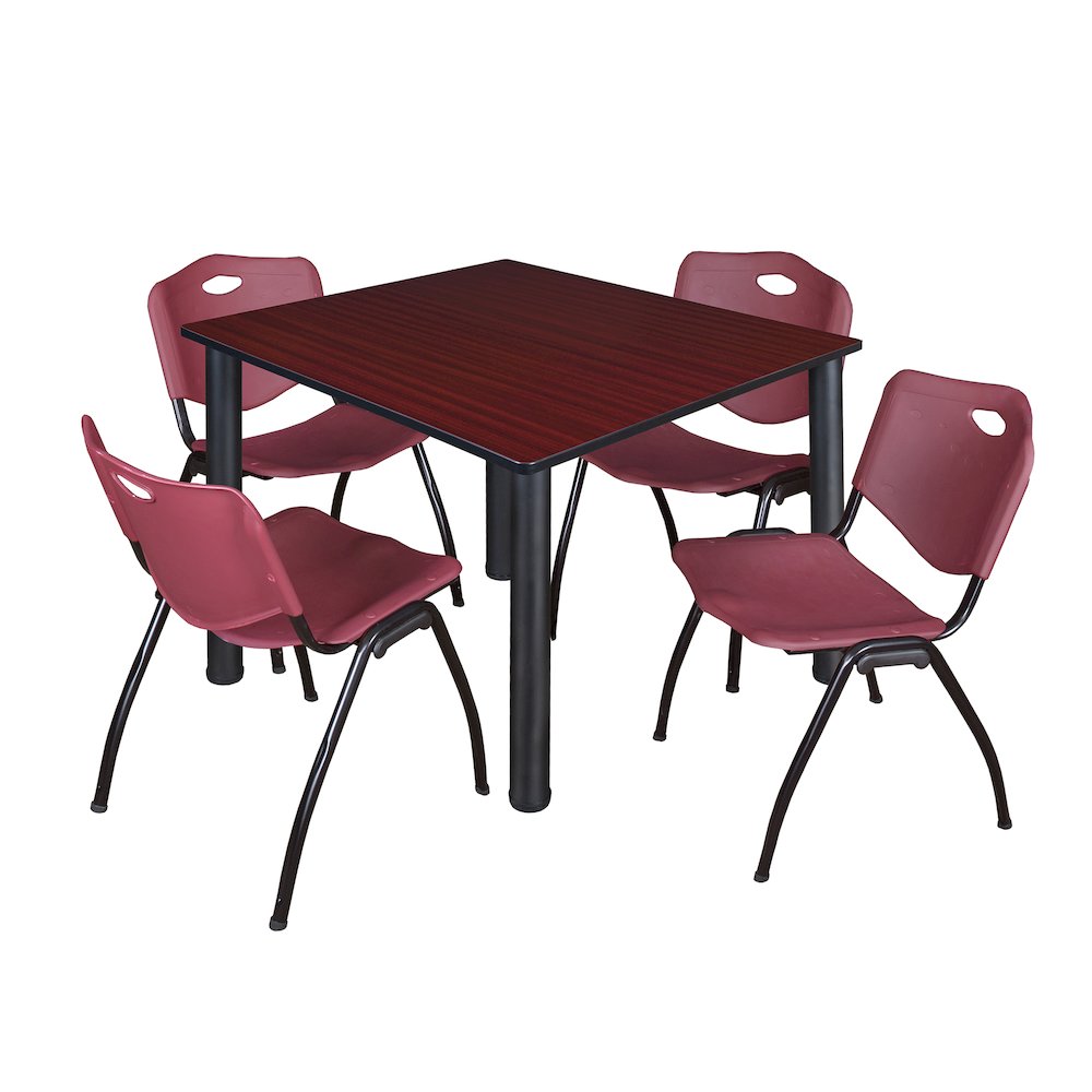 48 Square Breakroom Table- Mahogany Top, Black Legs, 4 M Stack Chairs- Burgundy. Picture 1