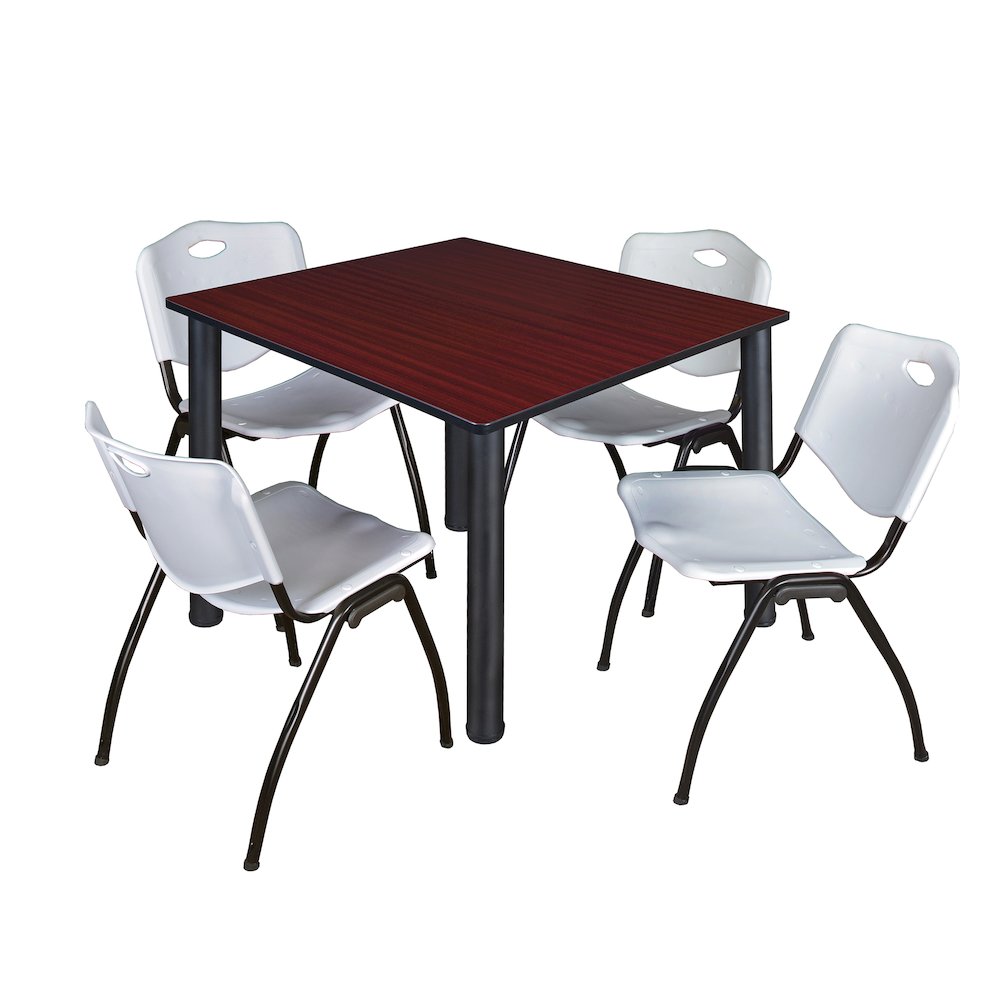 48 in Square Breakroom Table- Mahogany Top, Black Legs, 4 M Stack Chairs- Grey. Picture 1