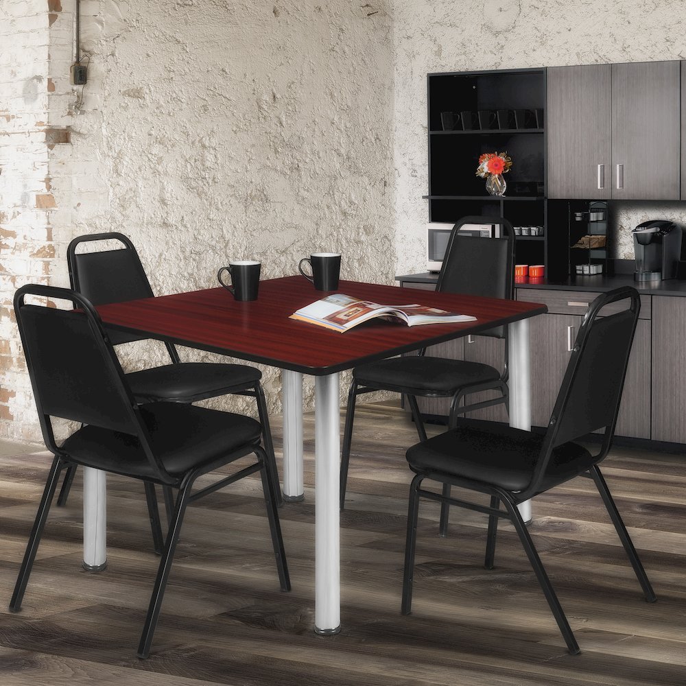48 Square Breakroom Table- Mahogany Top, Chrome Legs, 4 Restaurant Stack Chairs. Picture 7