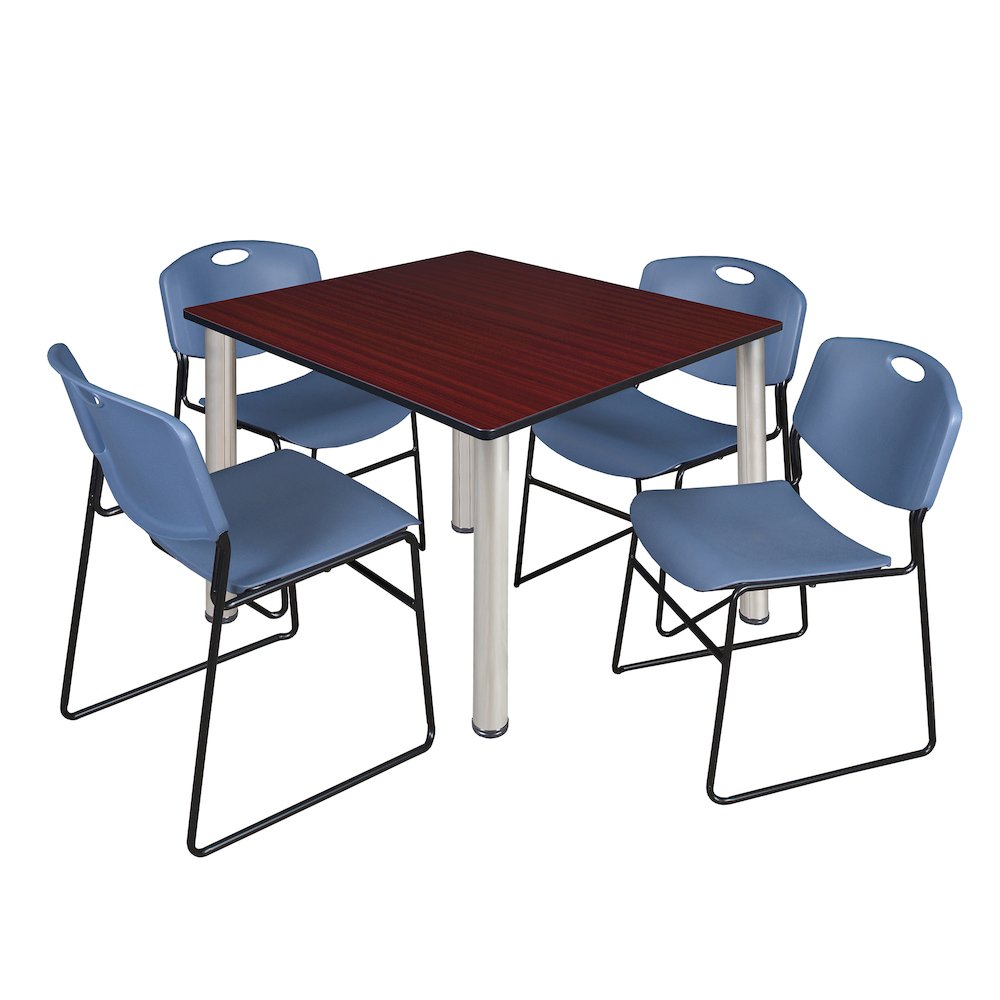 48 Square Breakroom Table- Mahogany Top, Chrome Legs, 4 Zeng Stack Chairs- Blue. Picture 1