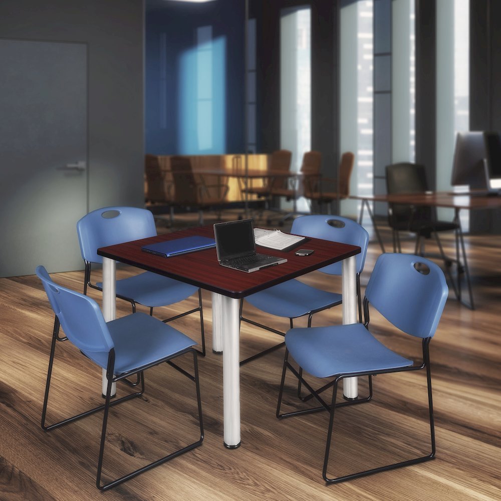 48 Square Breakroom Table- Mahogany Top, Chrome Legs, 4 Zeng Stack Chairs- Blue. Picture 7