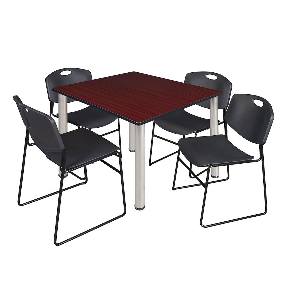 48 Square Breakroom Table- Mahogany Top, Chrome Legs, 4 Zeng Stack Chairs- Black. Picture 1