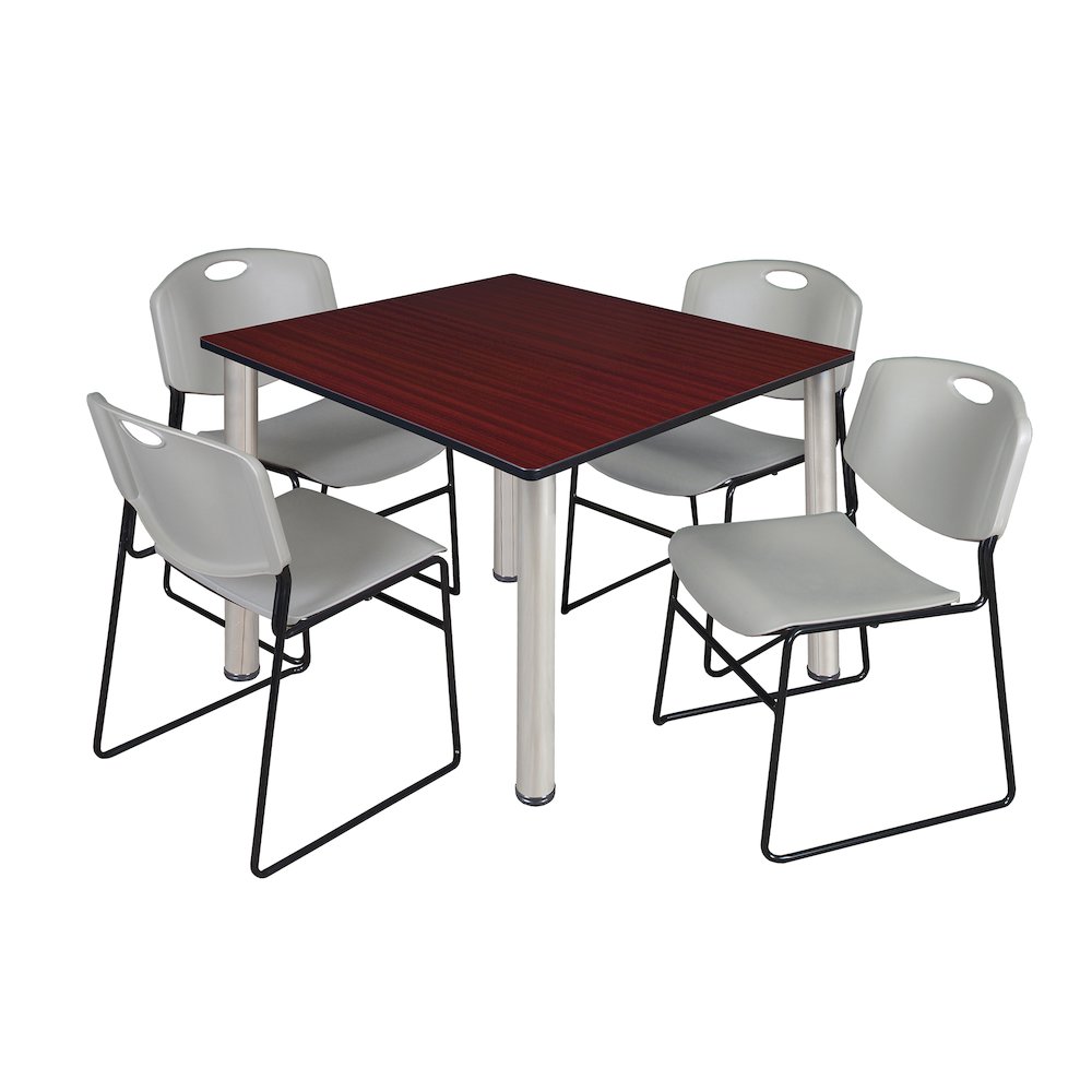 48 Square Breakroom Table- Mahogany Top, Chrome Legs, 4 Zeng Stack Chairs- Grey. Picture 1