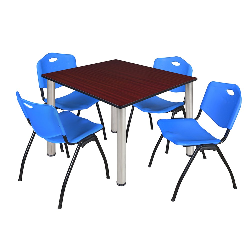 48 in Square Breakroom Table- Mahogany Top, Chrome Legs, 4 M Stack Chairs- Blue. Picture 1