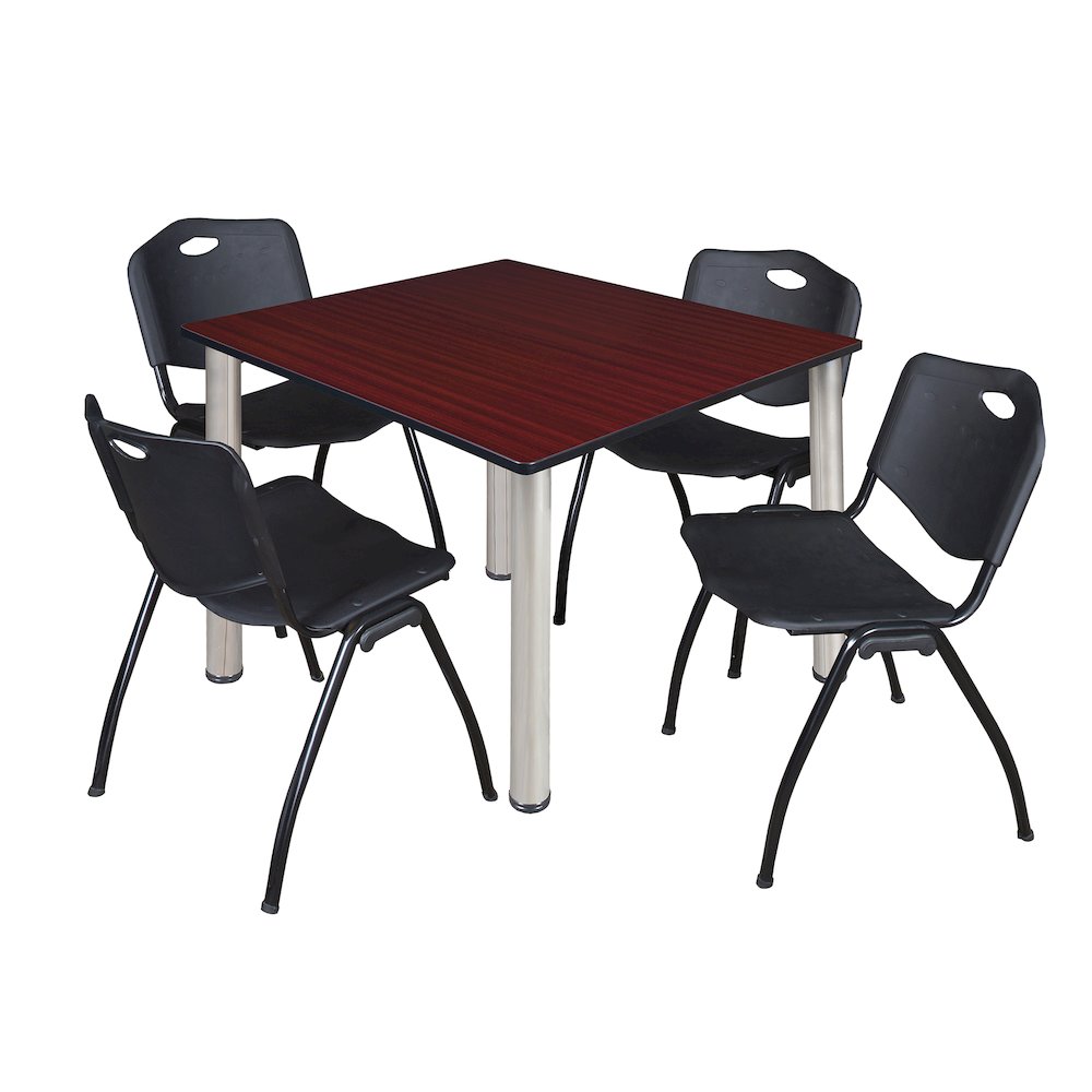 48 in Square Breakroom Table- Mahogany Top, Chrome Legs, 4 M Stack Chairs- Black. Picture 1