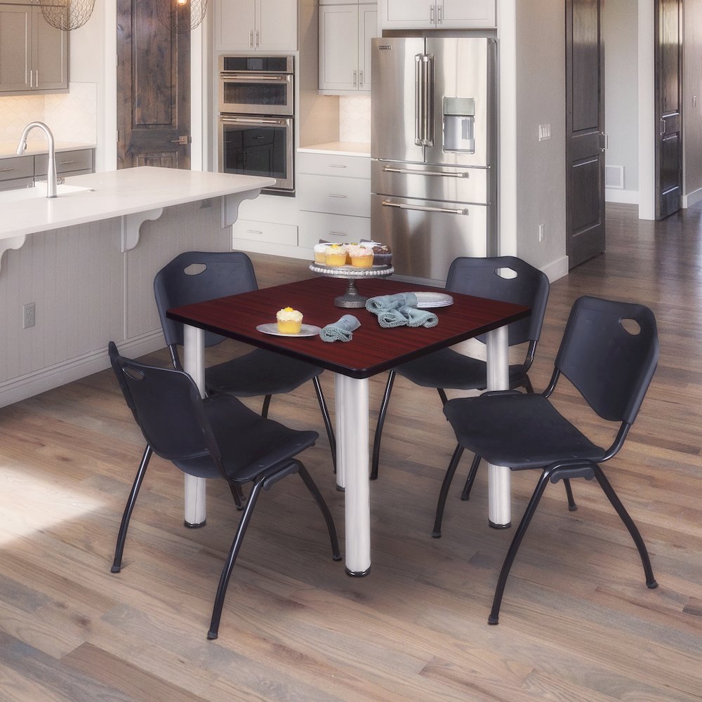 48 in Square Breakroom Table- Mahogany Top, Chrome Legs, 4 M Stack Chairs- Black. Picture 7
