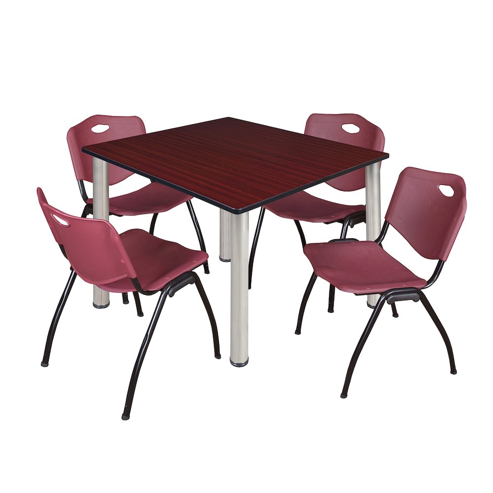48 Square Breakroom Table- Mahogany Top, Chrome Legs, 4 M Stack Chairs- Burgundy. Picture 1
