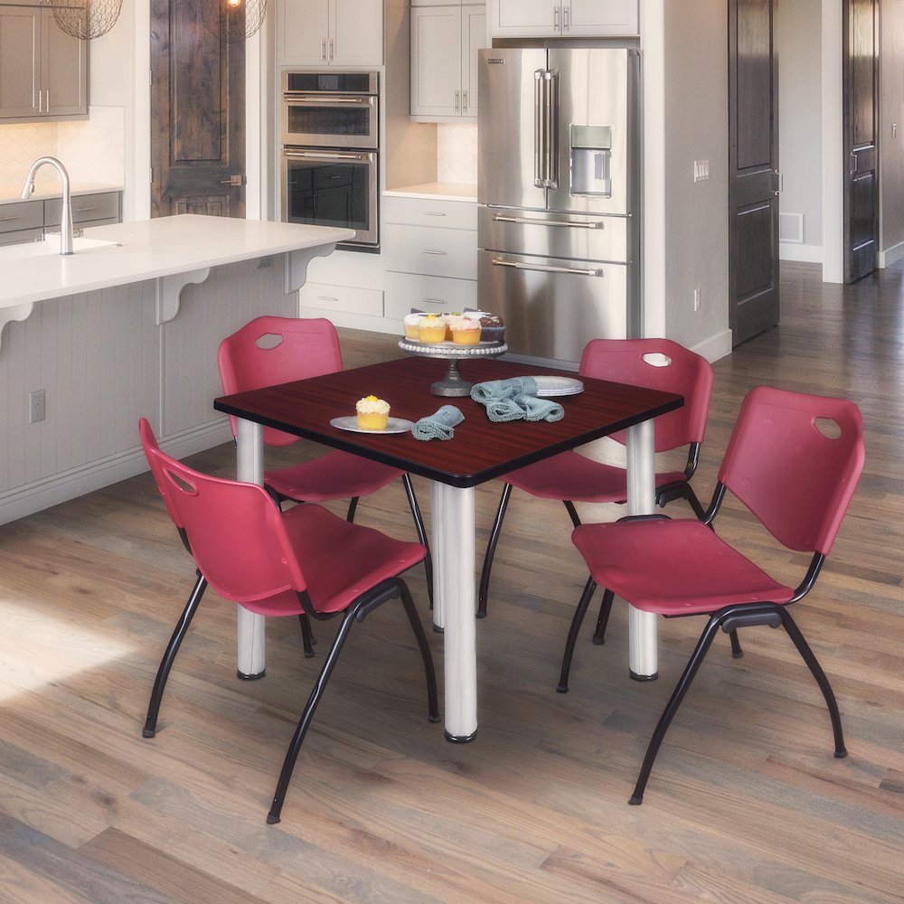 48 Square Breakroom Table- Mahogany Top, Chrome Legs, 4 M Stack Chairs- Burgundy. Picture 7