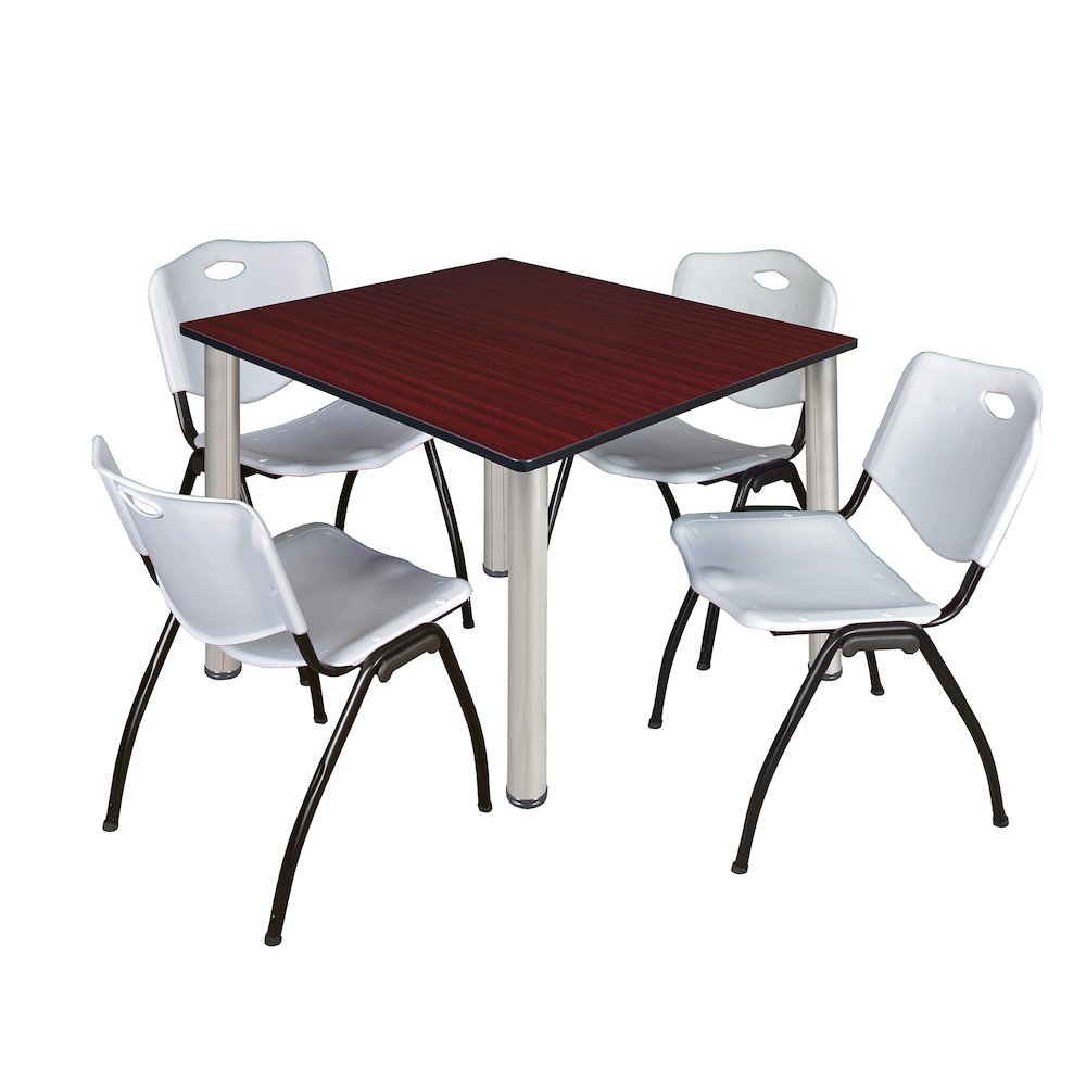 48 in Square Breakroom Table- Mahogany Top, Chrome Legs, 4 M Stack Chairs- Grey. Picture 1